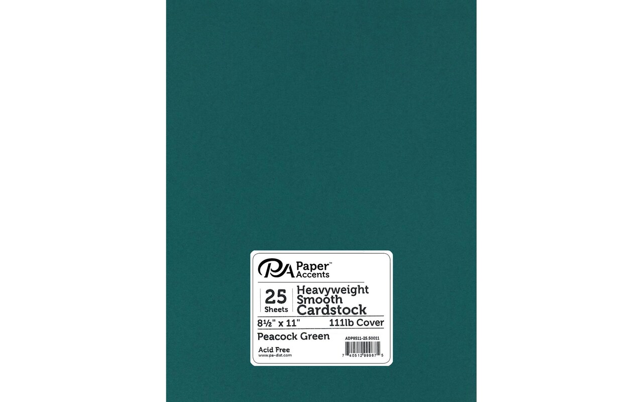 PA Paper Accents Heavyweight Smooth Cardstock 8.5" x 11" Peacock Blue, 111lb colored cardstock paper for card making, scrapbooking, printing, quilling and crafts, 25 piece pack